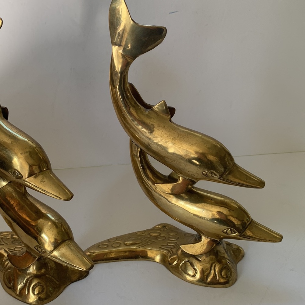 Mid Century Modern Brass Dolphins Vintage Set Of Two Brass Sculptures - Picture 5 of 7